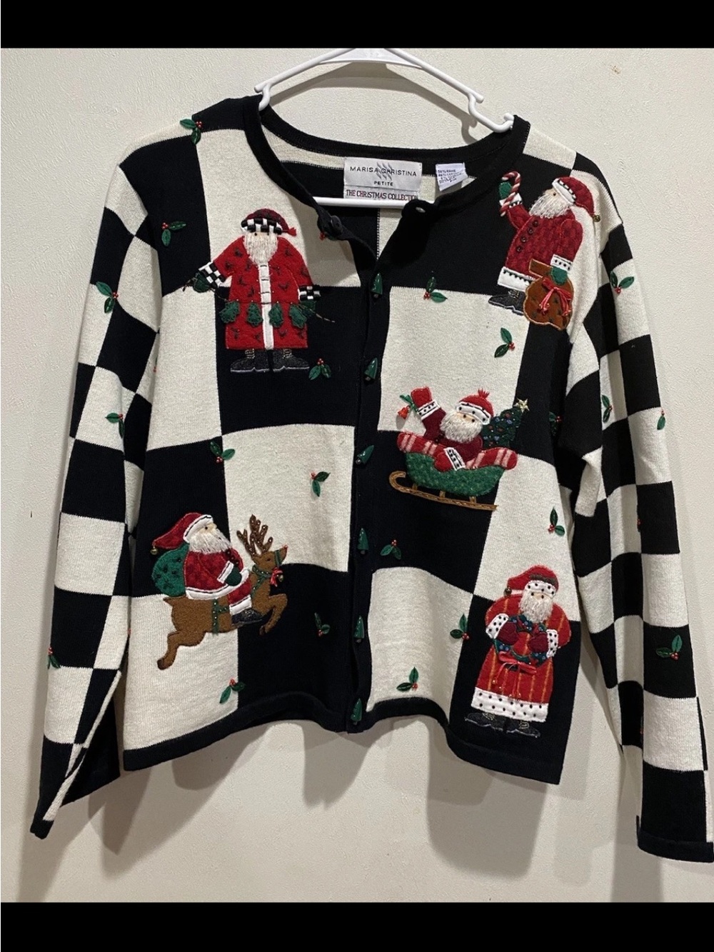 Vtg Marisa Christina Women’s 2002 Santa Claus Checkered Christmas Ugly Sweater S